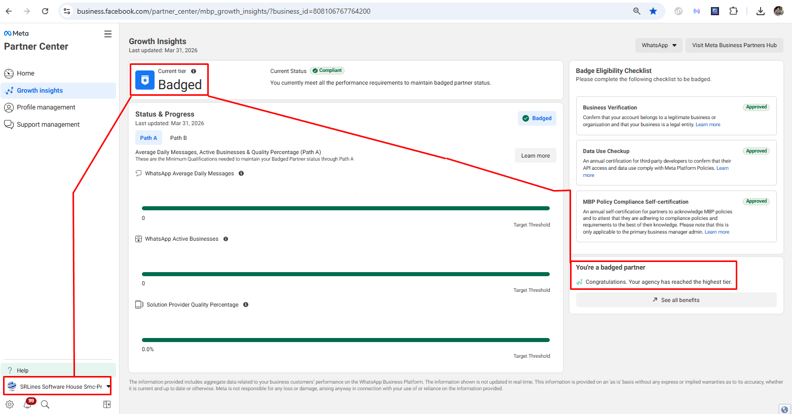 SRLINES Current Tier Badged status - Meta Business Messaging Partner in Pakistan for WhatsApp Cloud API and enterprise messaging services